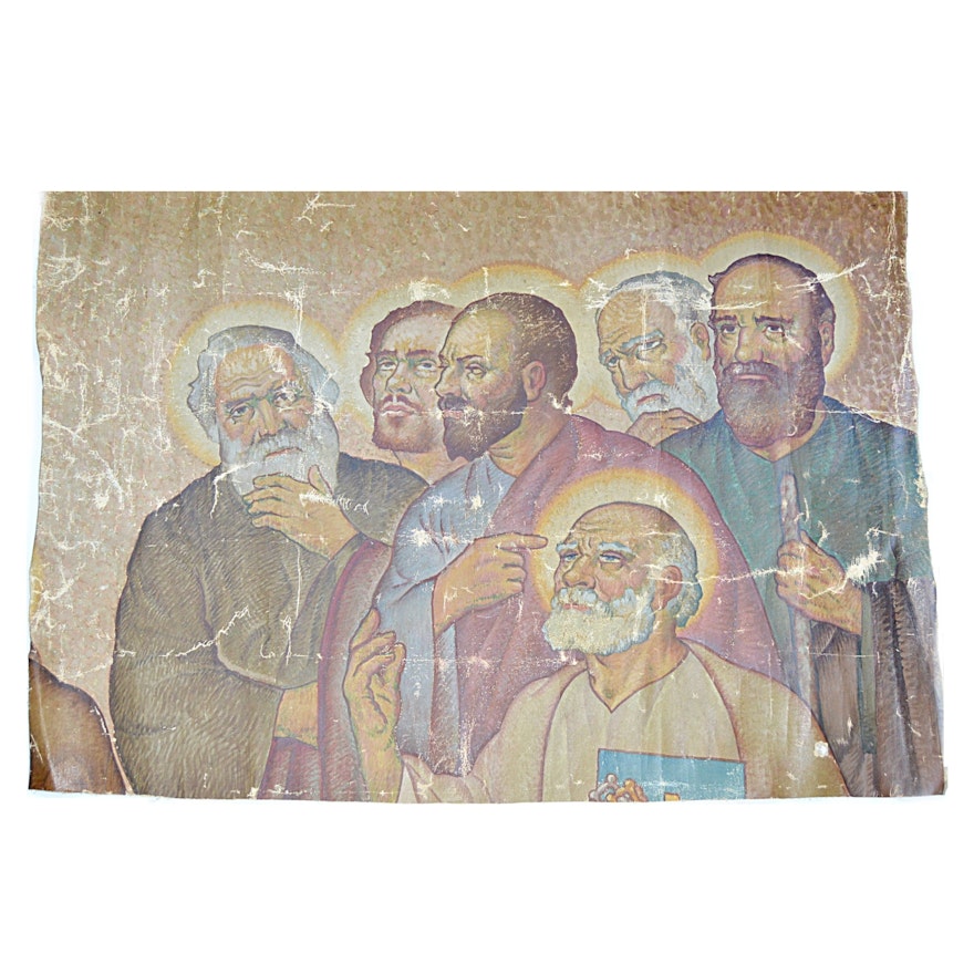 19th Century Ecclesiastical Oil on Canvas Mural Fragment