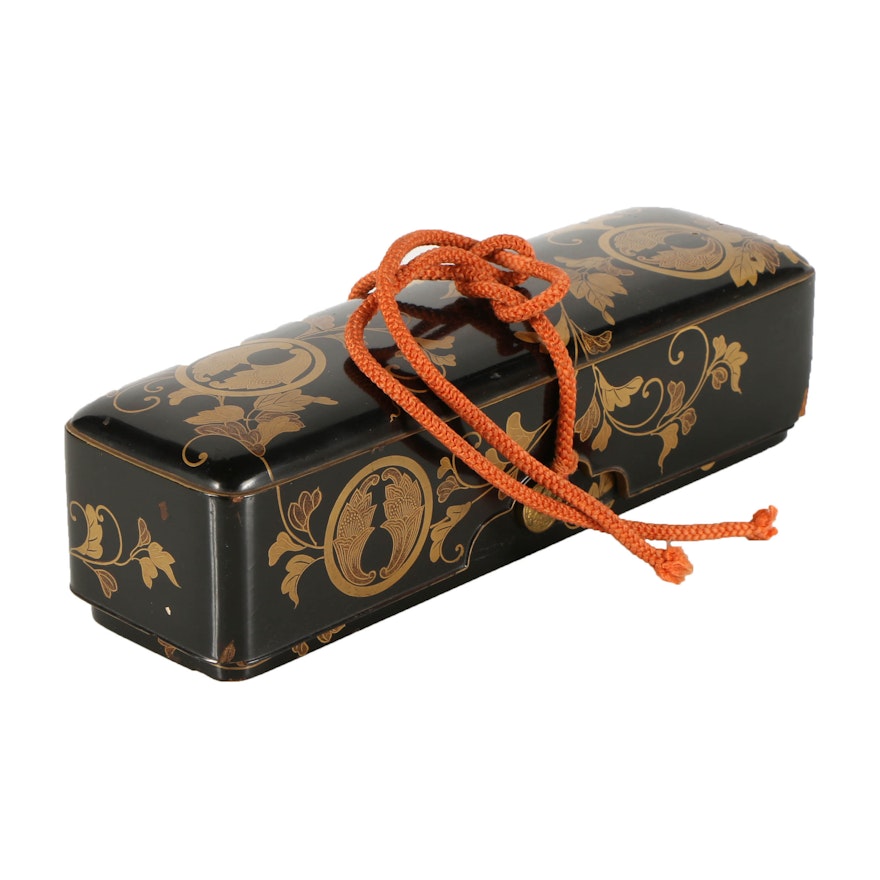 Japanese Lacquered Wood Scroll Box with Floral Motif