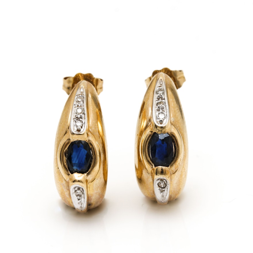 14K Yellow Gold Sapphire and Diamond Half Hoop Earrings with White Gold Accents