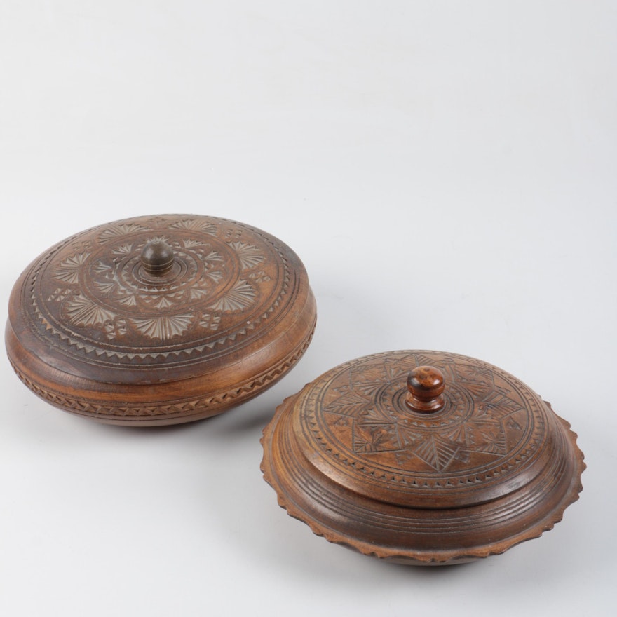 Pair of Foliate Carved Wooden Lidded Bowls