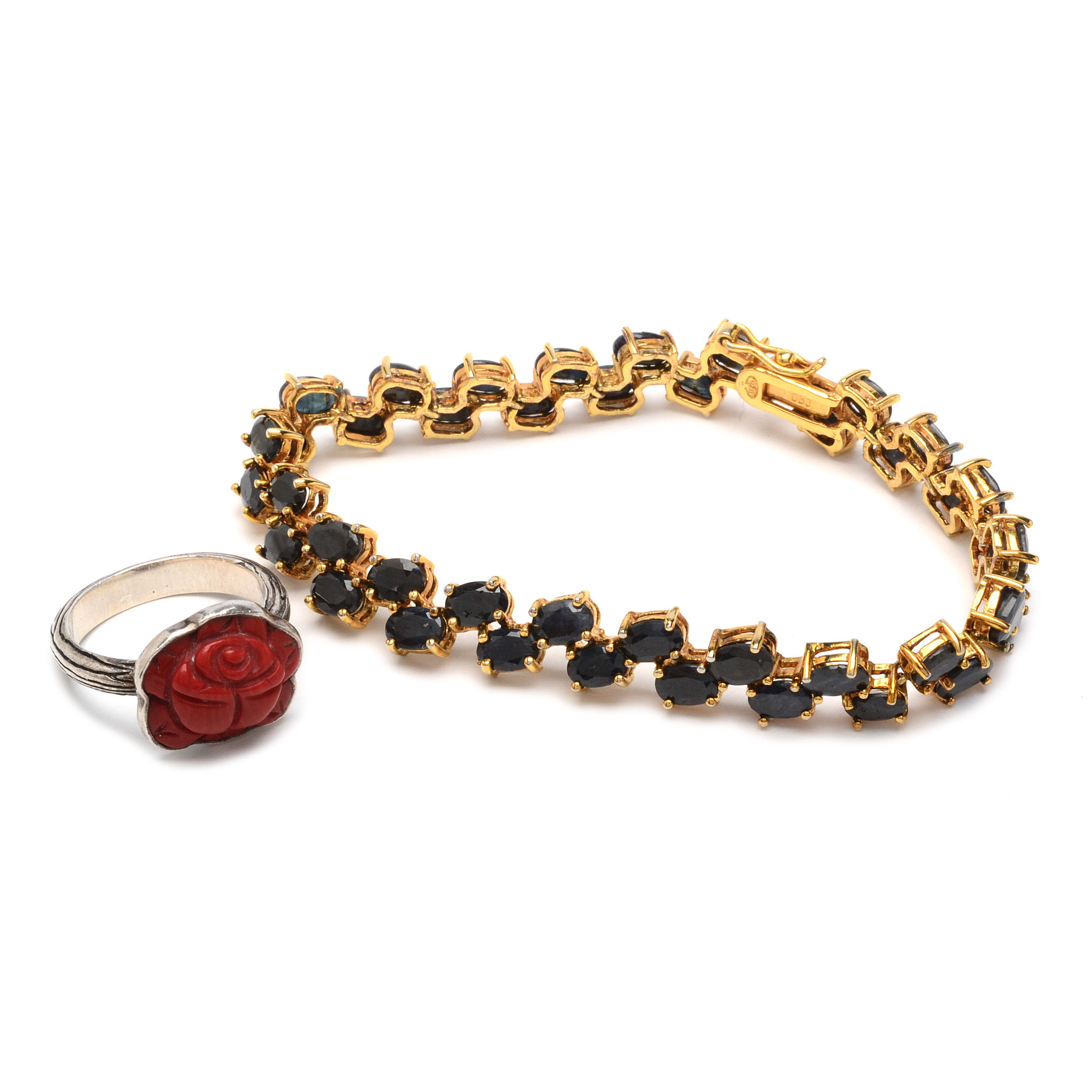 Sterling Silver Sapphire Tennis Bracelet and Dyed Coral Ring