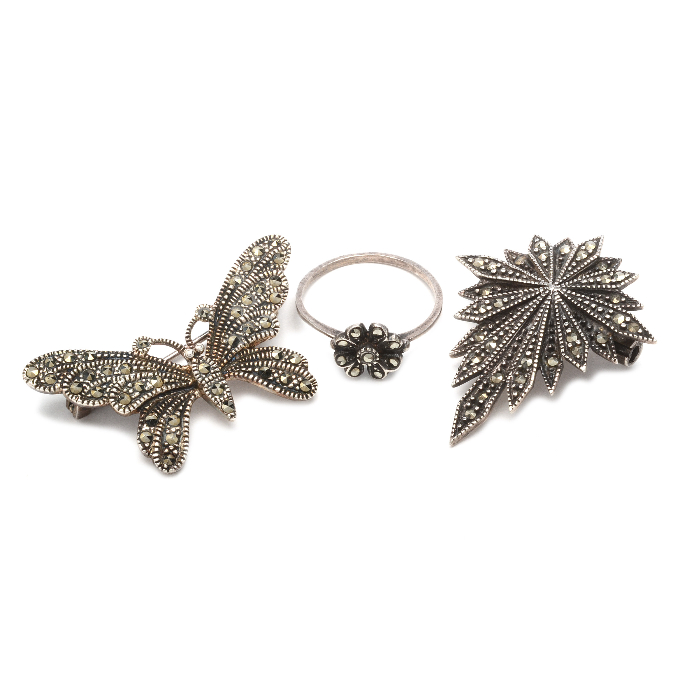 Sterling Silver Marcasite Brooches and RIng