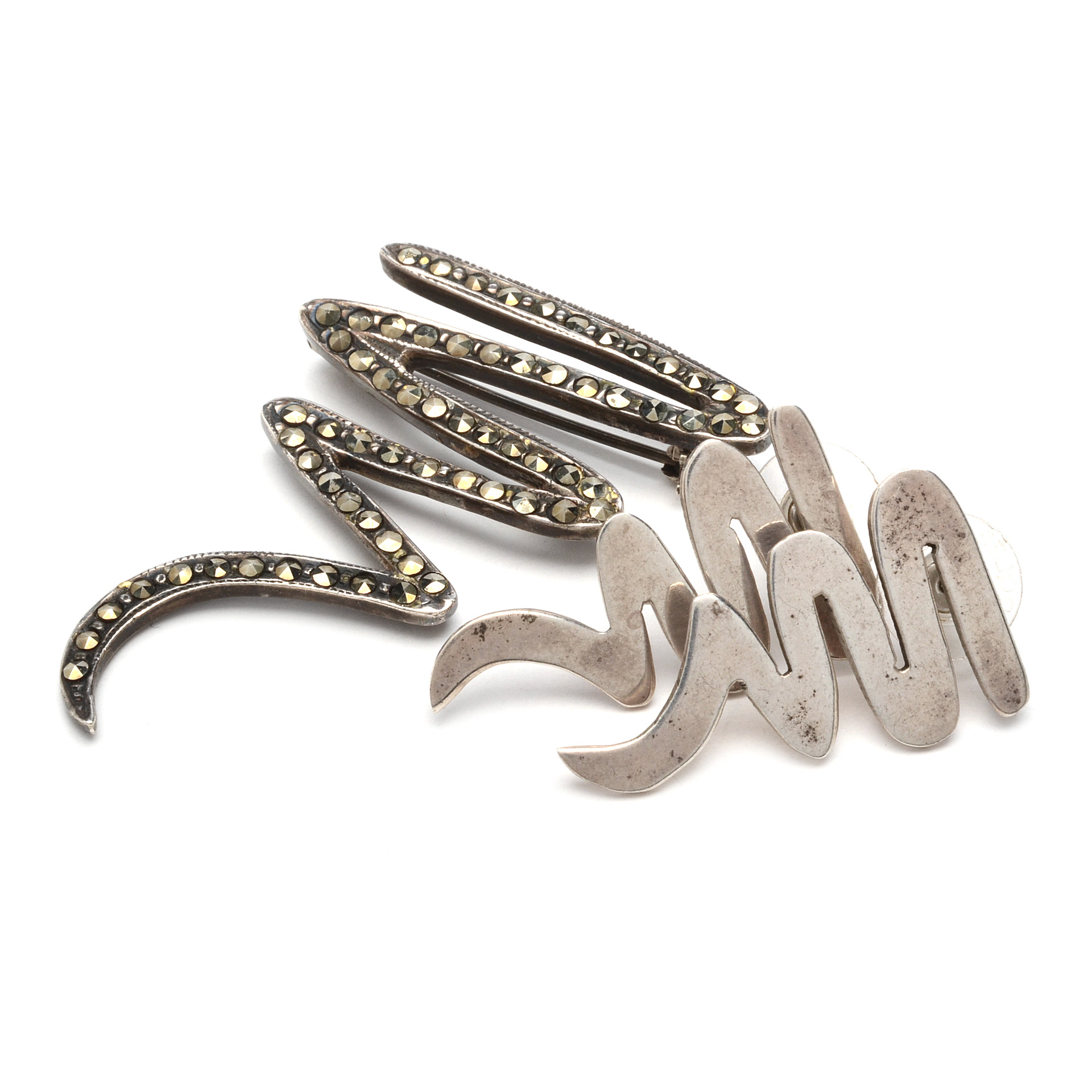 Sterling Silver Scribble Earrings and Marcasite Brooch