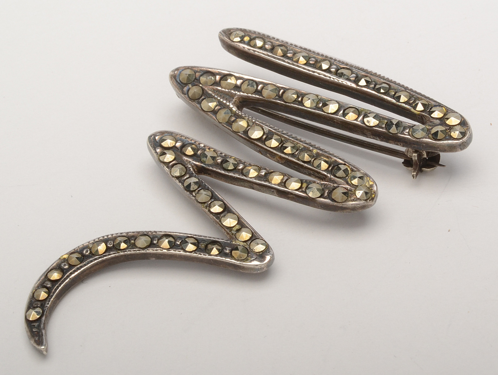 Sterling Silver Scribble Earrings and Marcasite Brooch