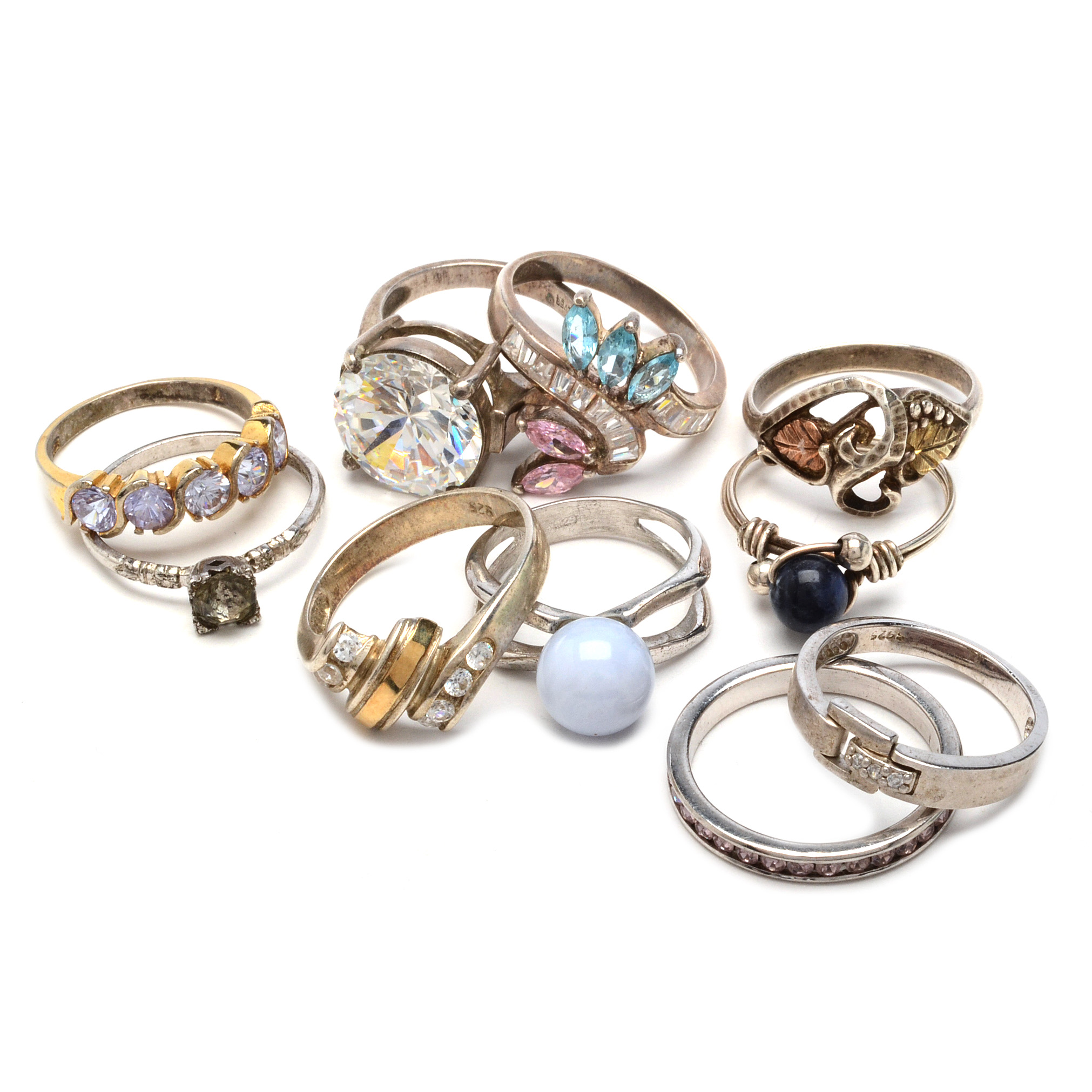 Sterling Silver and Silver Tone Rings with Cubic Zirconia and Other Stones