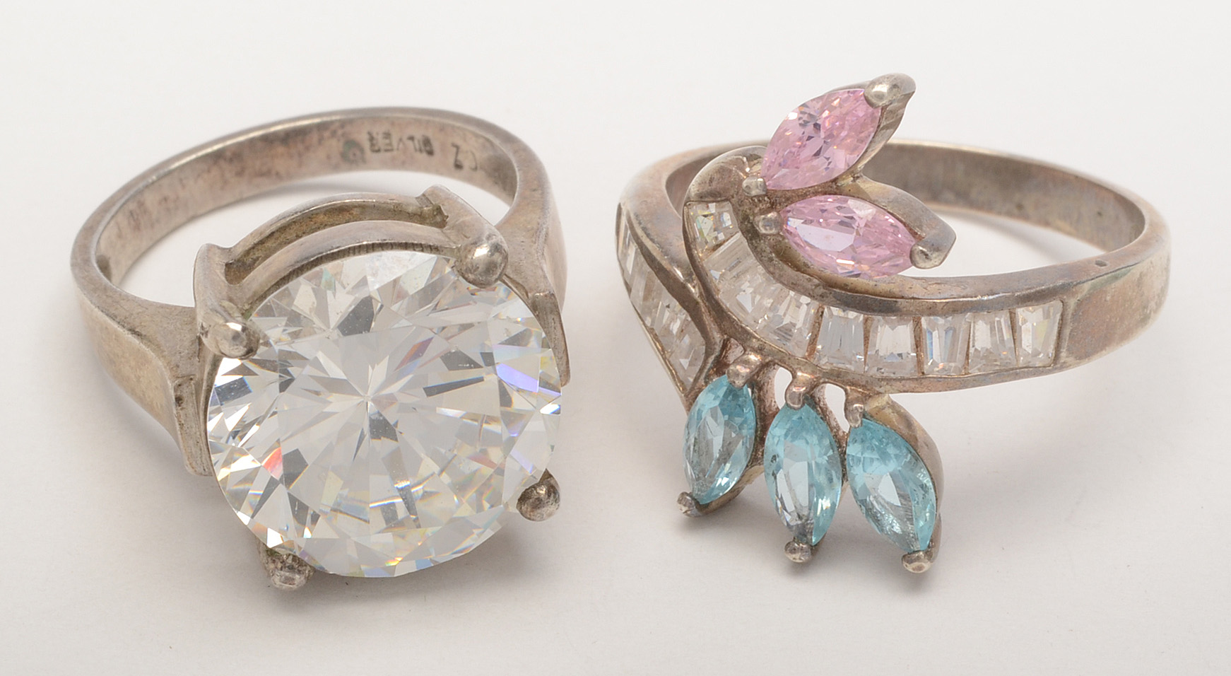 Sterling Silver and Silver Tone Rings with Cubic Zirconia and Other Stones