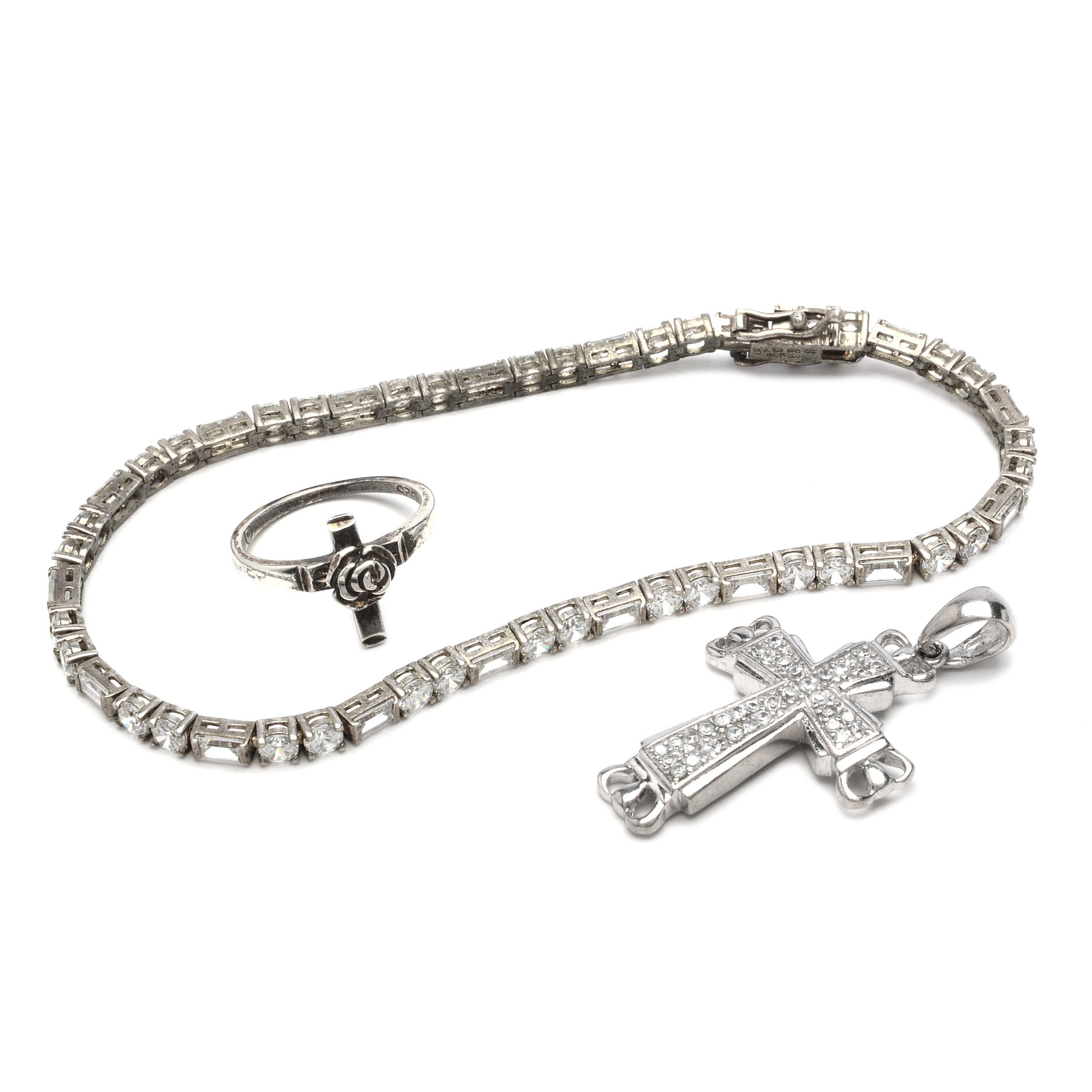 Sterling Silver Tennis Bracelet, Pendant and Ring