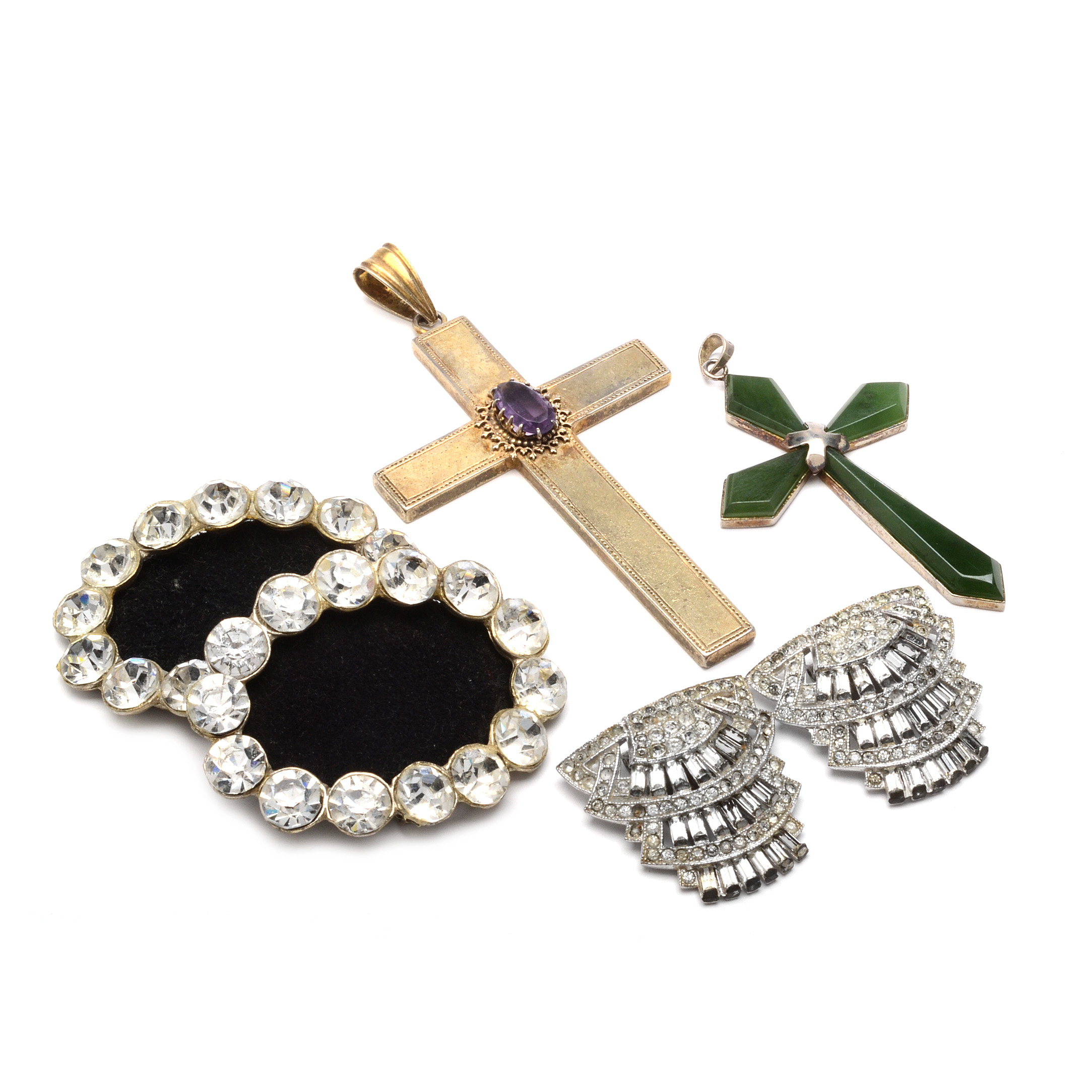 Sterling Silver Cross Gemstone Pendant and Vintage Rhinestone Shoe Clips
