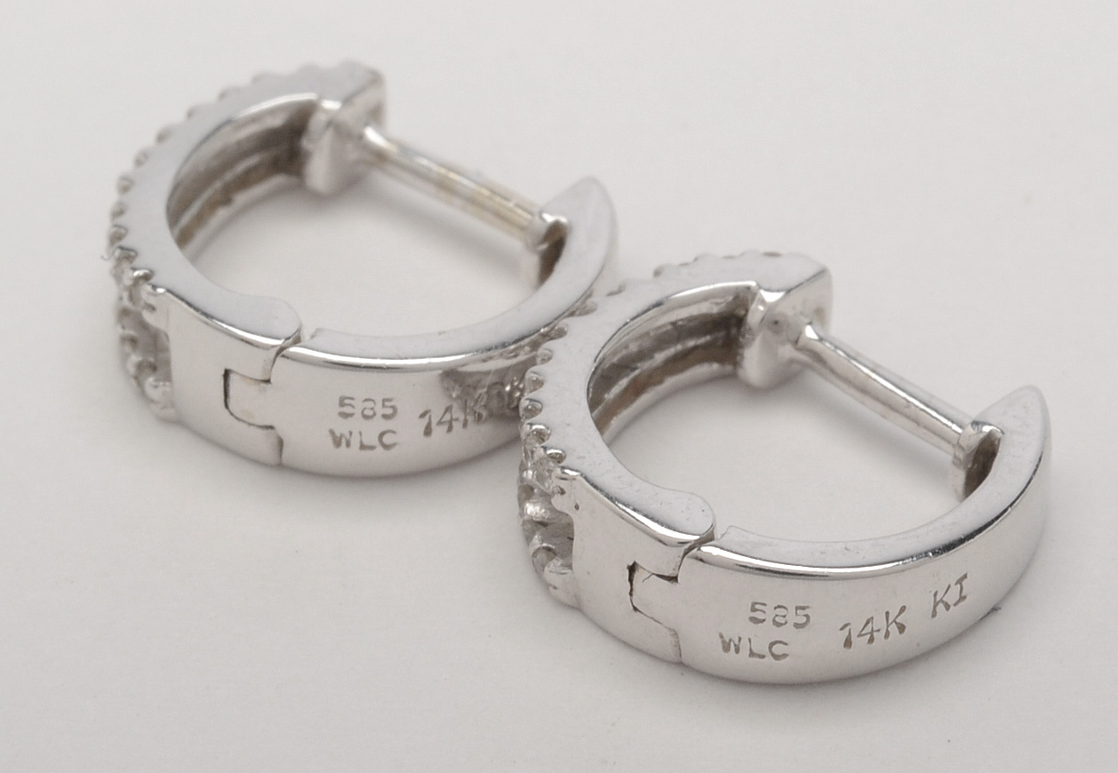 14K White Gold Diamond Huggie Hoop Earrings