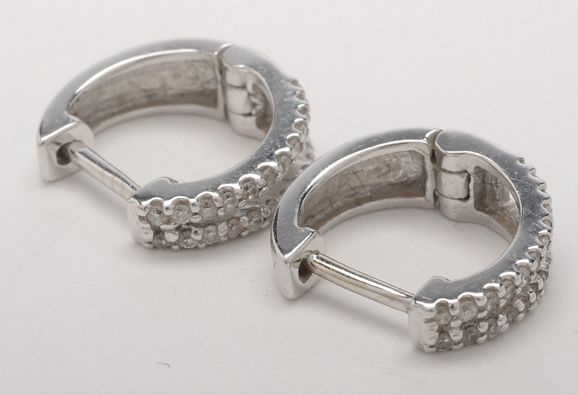 14K White Gold Diamond Huggie Hoop Earrings