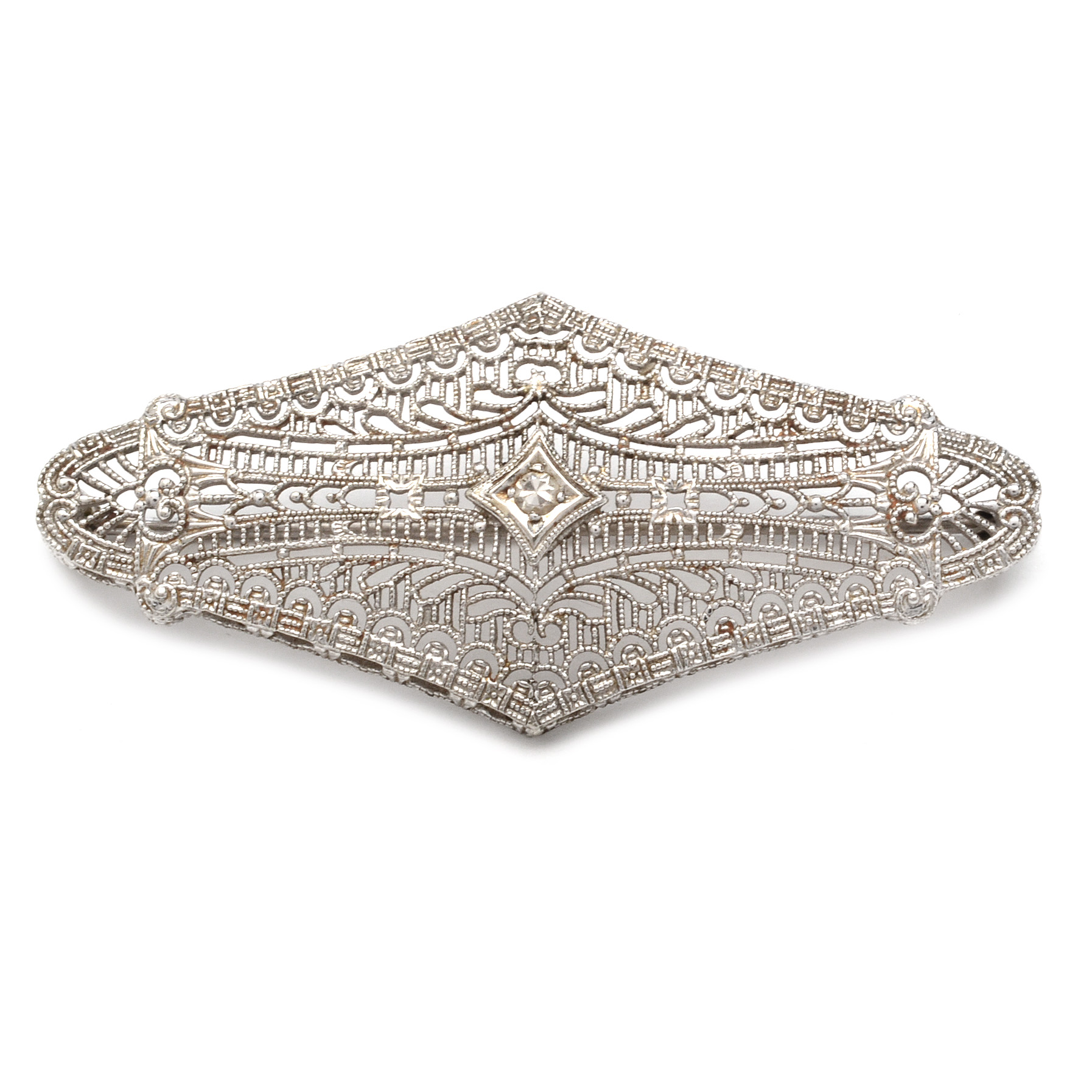 Vintage 10K White Gold and Diamond Bar Brooch