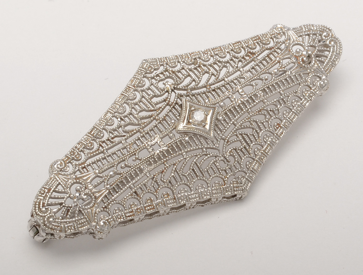 Vintage 10K White Gold and Diamond Bar Brooch