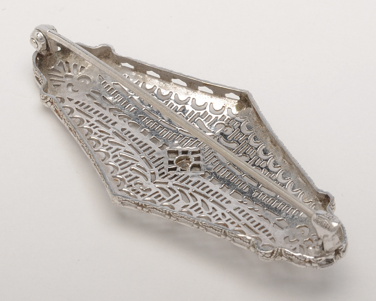 Vintage 10K White Gold and Diamond Bar Brooch