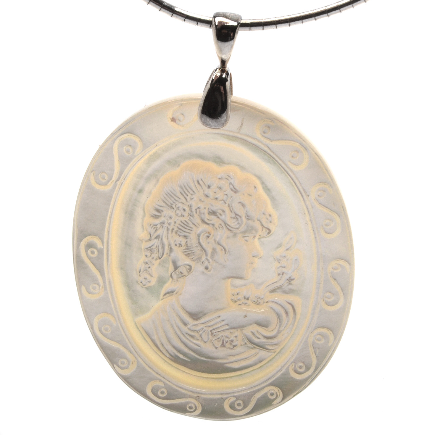 Sterling Silver Omega Chain with Hand-Carved Mother of Pearl Cameo Pendant