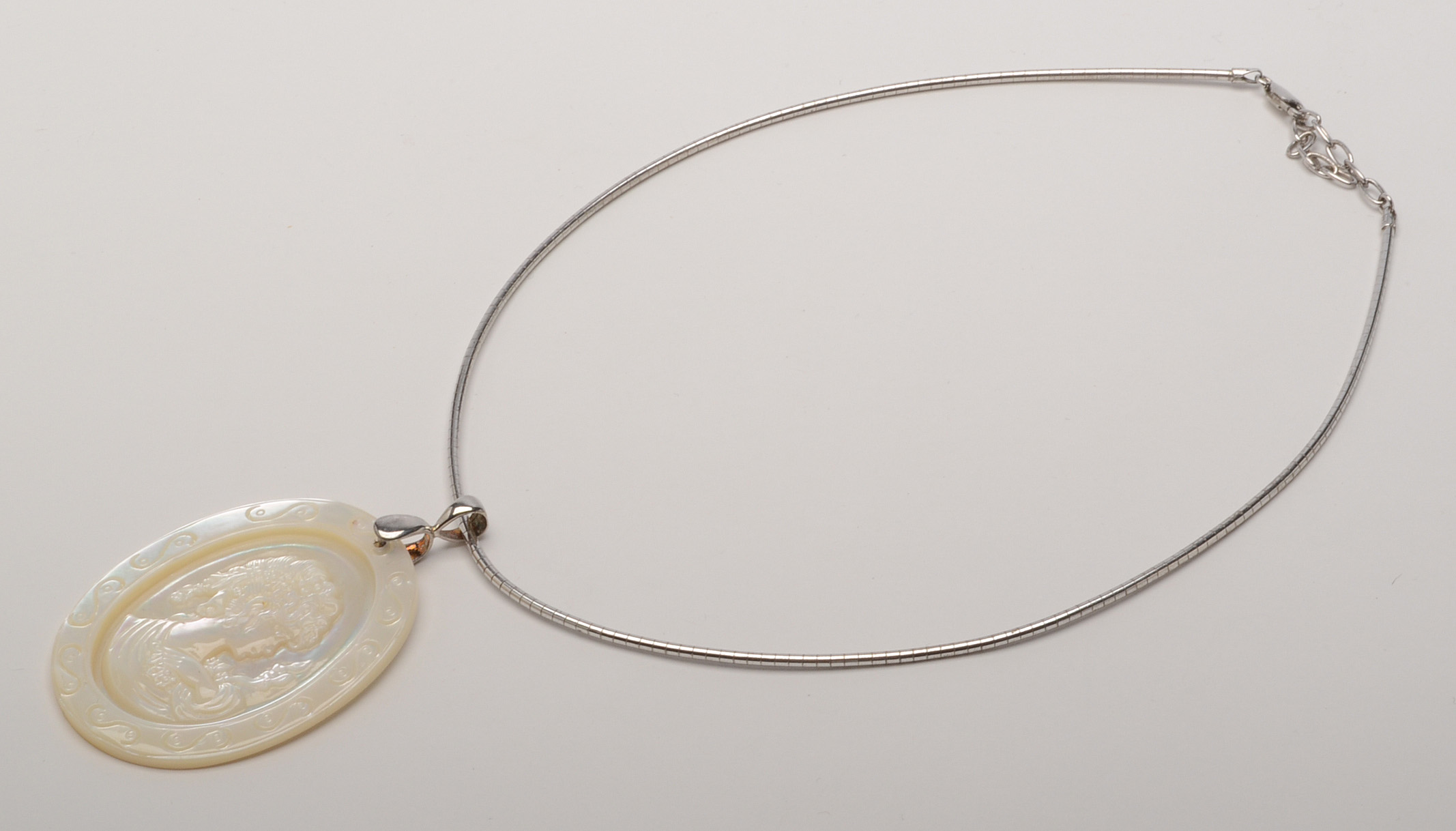 Sterling Silver Omega Chain with Hand-Carved Mother of Pearl Cameo Pendant