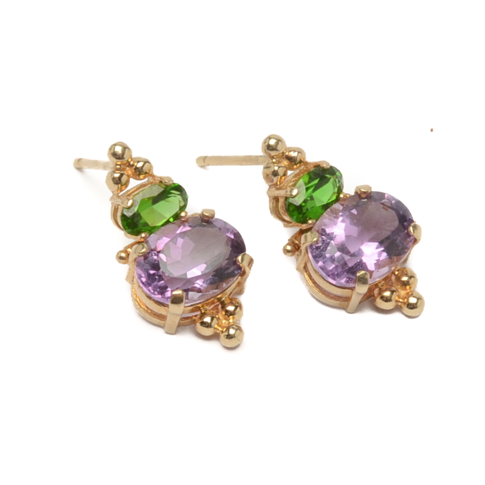14K Yellow Gold Amethyst and Chrome Diopside Earrings