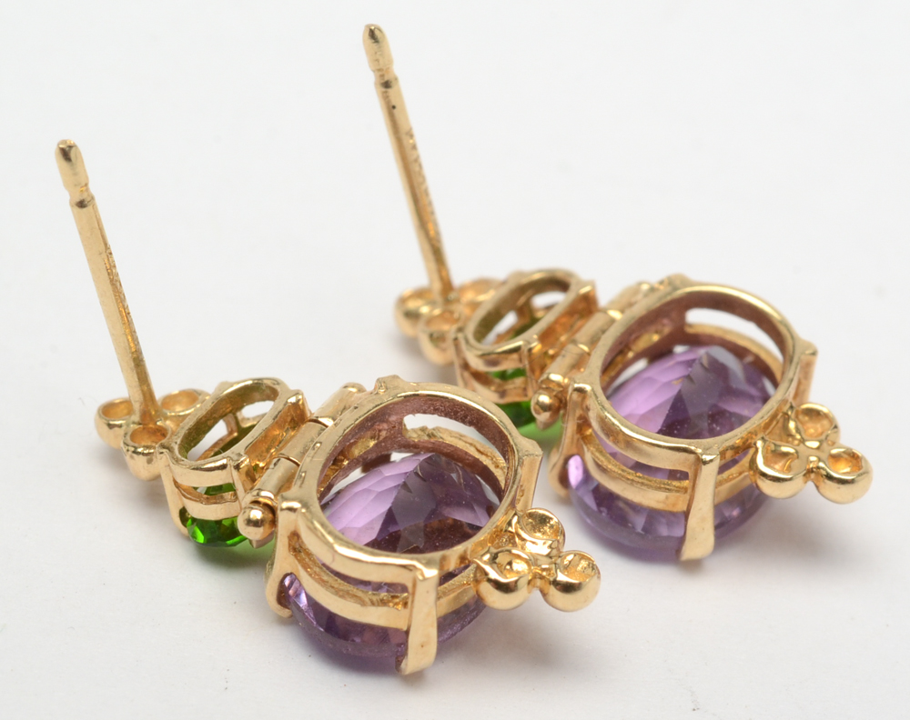 14K Yellow Gold Amethyst and Chrome Diopside Earrings