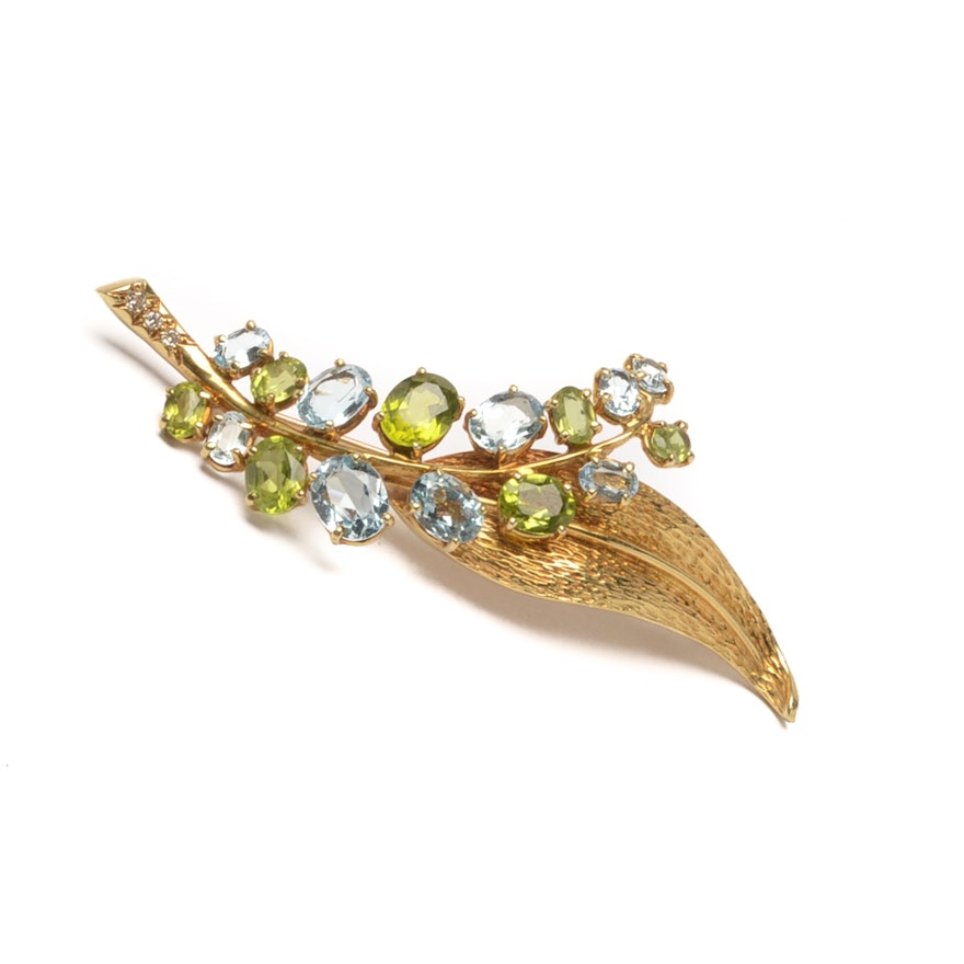 Cellino 18K Gold Gemstone and Diamond Leaf Brooch