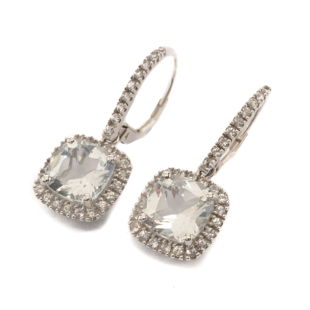 14K White Gold Cushion Cut White Sapphire Drop Earrings
