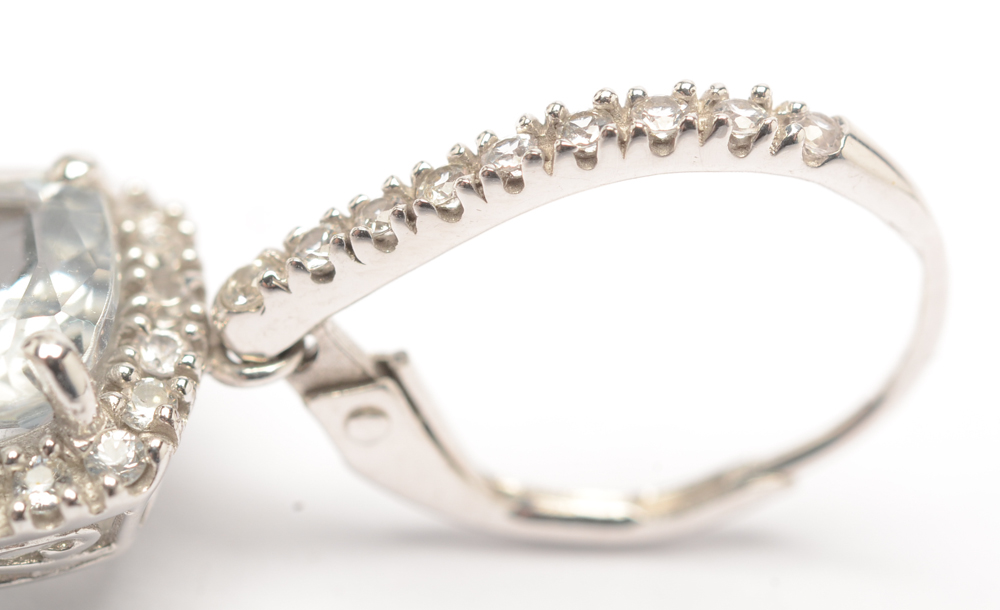 14K White Gold Cushion Cut White Sapphire Drop Earrings