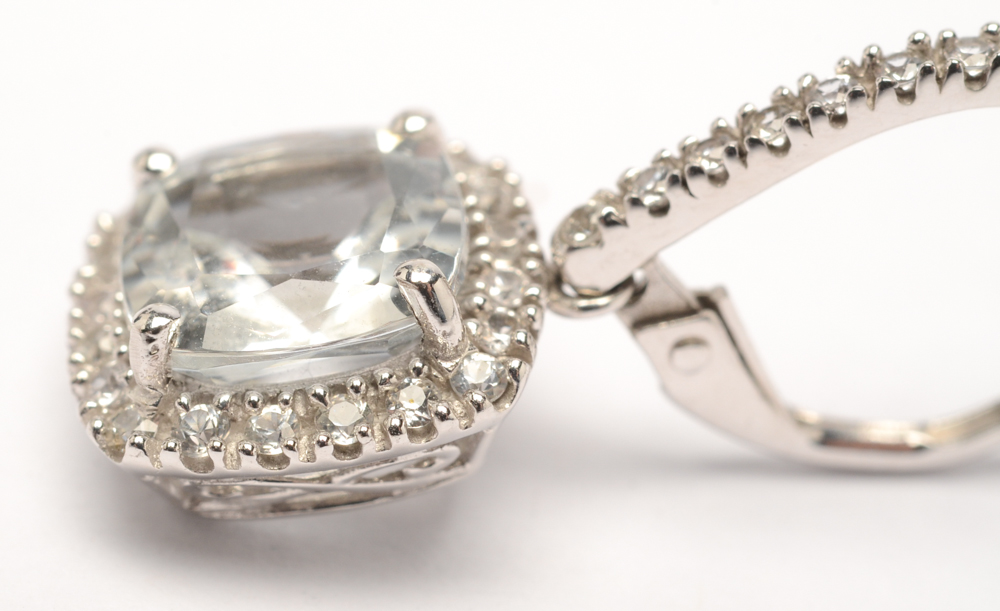 14K White Gold Cushion Cut White Sapphire Drop Earrings