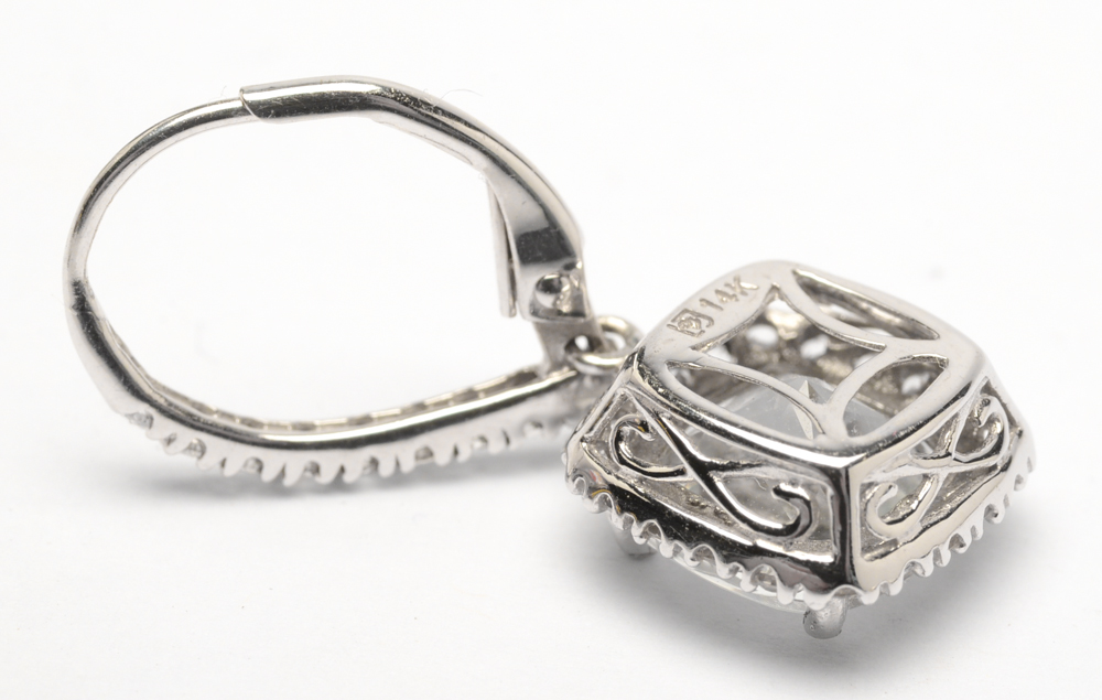 14K White Gold Cushion Cut White Sapphire Drop Earrings