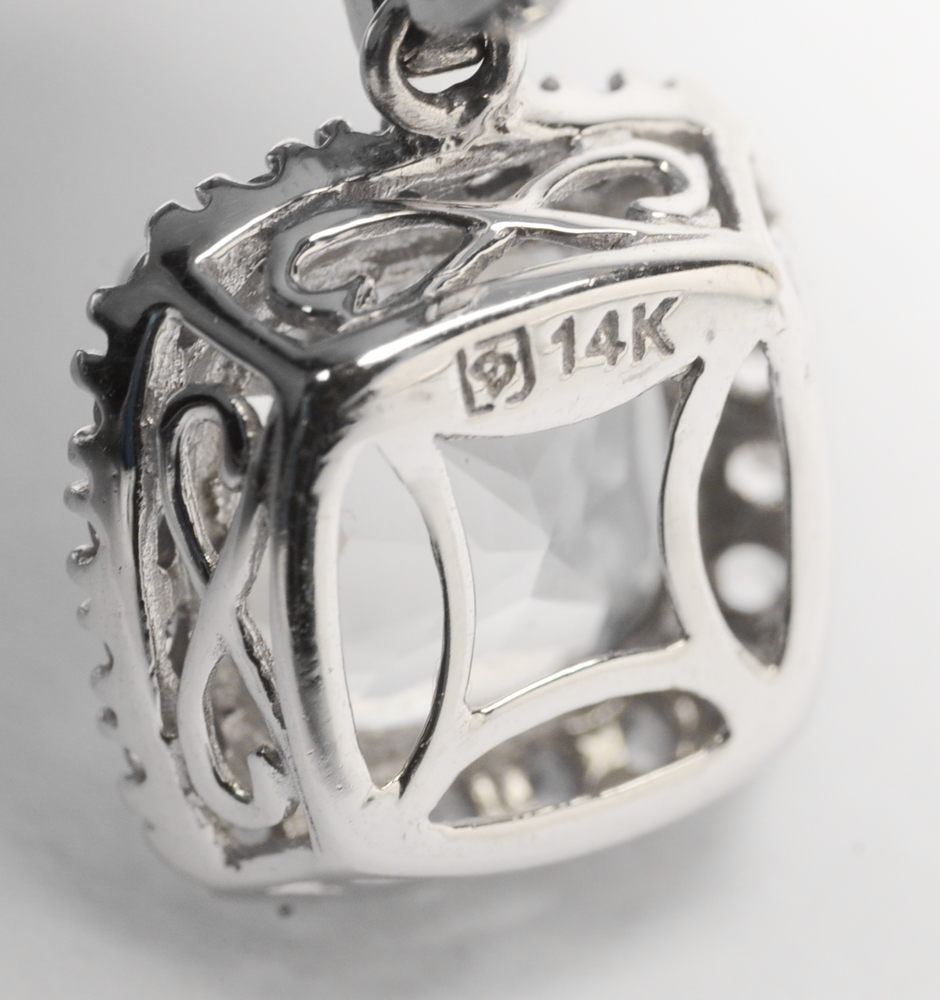 14K White Gold Cushion Cut White Sapphire Drop Earrings