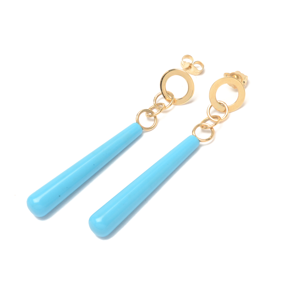 Mid Century Modern Style 14K Yellow Gold Faux Turquoise Drop Earrings