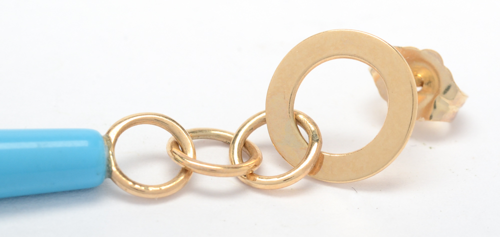 Mid Century Modern Style 14K Yellow Gold Faux Turquoise Drop Earrings