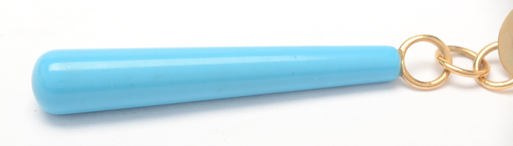 Mid Century Modern Style 14K Yellow Gold Faux Turquoise Drop Earrings