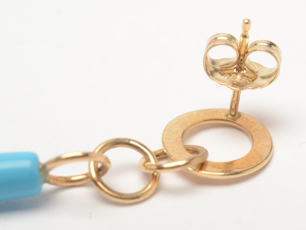 Mid Century Modern Style 14K Yellow Gold Faux Turquoise Drop Earrings