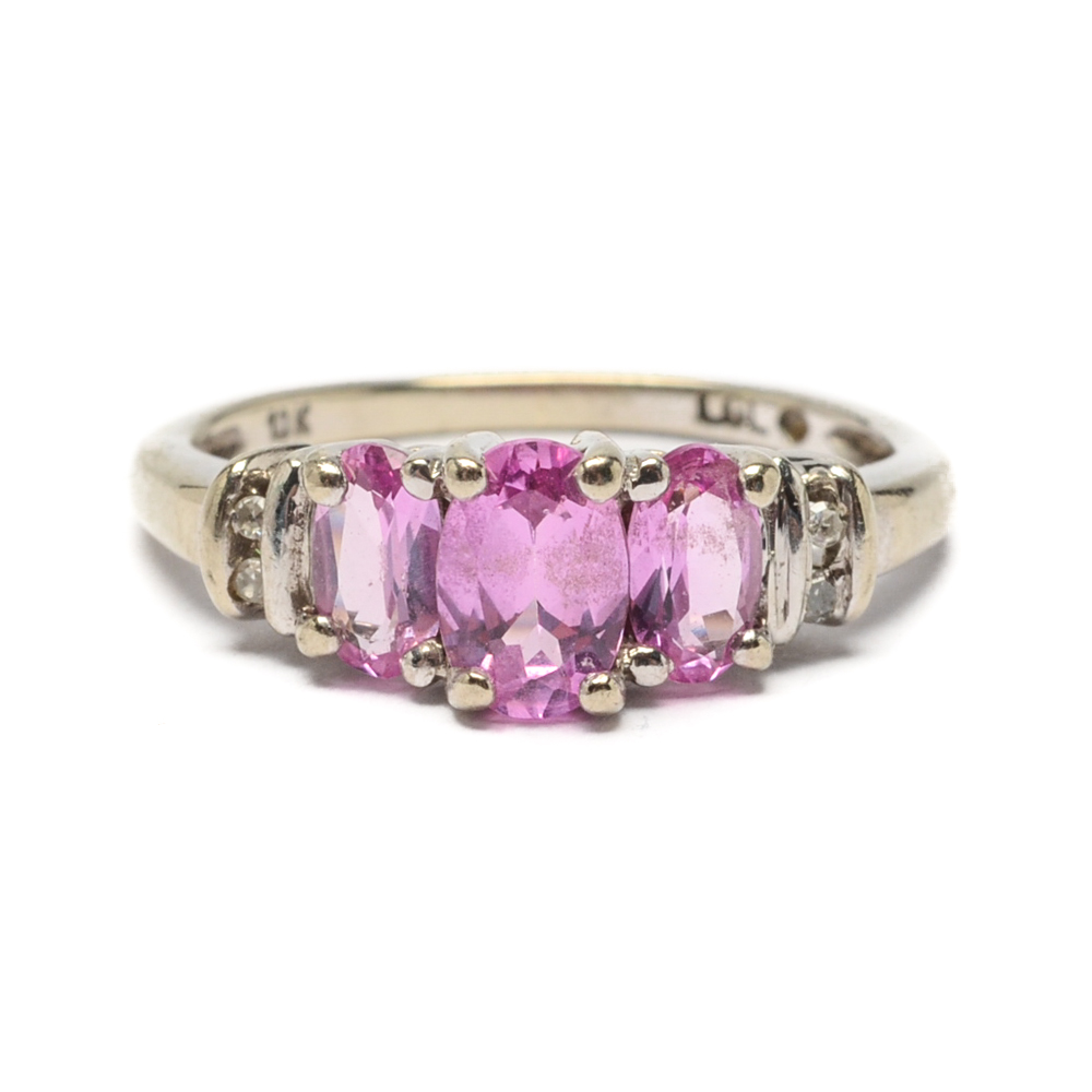 10K White Gold Pink Synthetic Sapphire and Diamond Ring