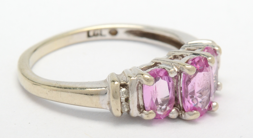 10K White Gold Pink Synthetic Sapphire and Diamond Ring