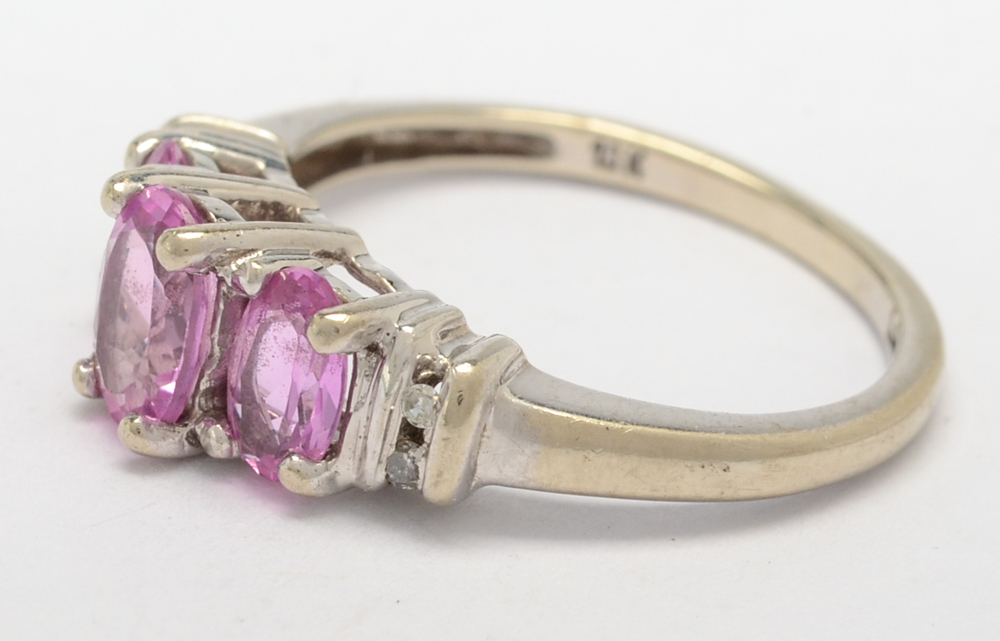 10K White Gold Pink Synthetic Sapphire and Diamond Ring
