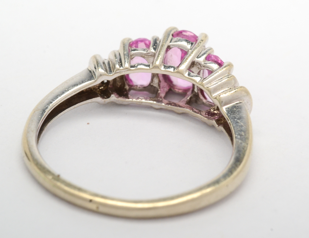 10K White Gold Pink Synthetic Sapphire and Diamond Ring