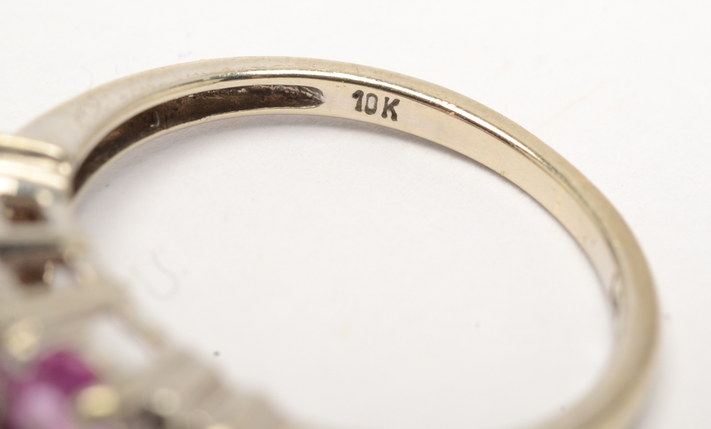 10K White Gold Pink Synthetic Sapphire and Diamond Ring