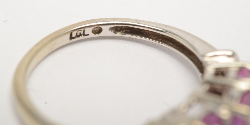 10K White Gold Pink Synthetic Sapphire and Diamond Ring