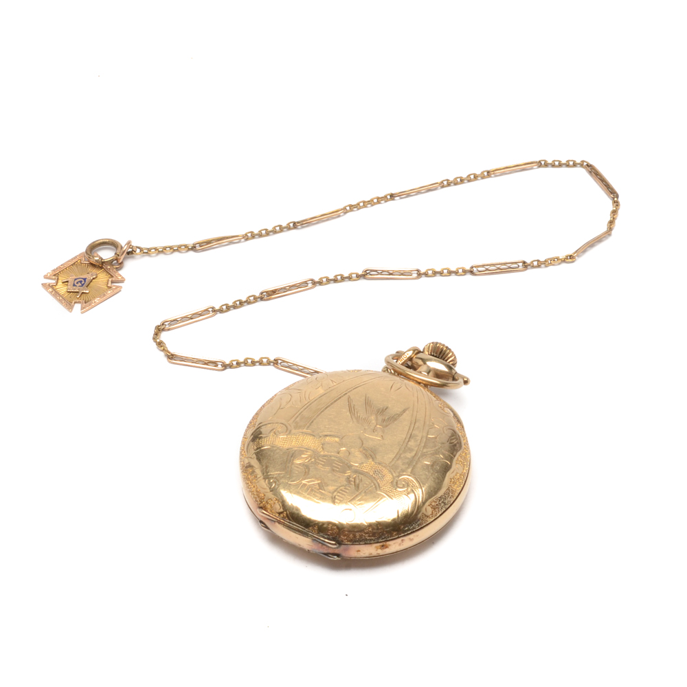 Antique Elgin Hunting Case Pocket Watch with 10K Yellow Gold Masonic Fob