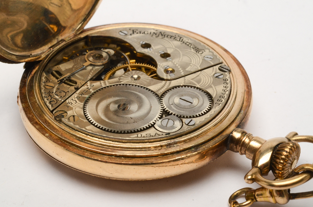 Antique Elgin Hunting Case Pocket Watch with 10K Yellow Gold Masonic Fob