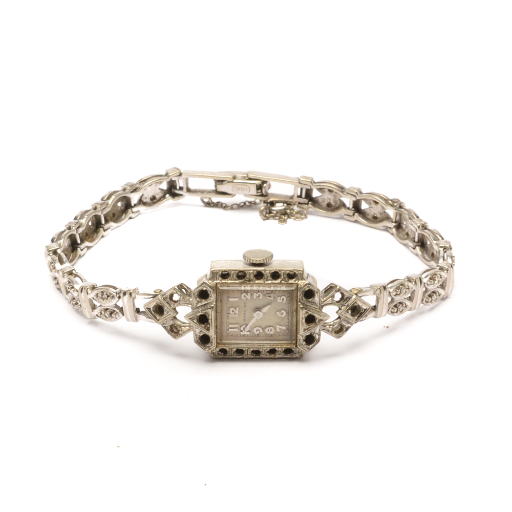 Vintage Hamilton 14K White Gold Watch with Diamond Band