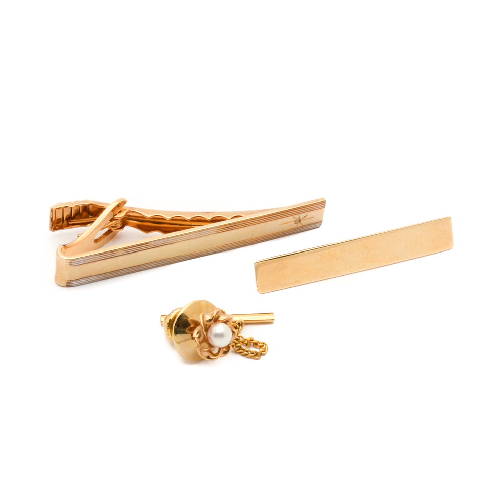 14K Yellow Gold Tie Tack, Brooch, and Gold Tone Diamond Tie Clip