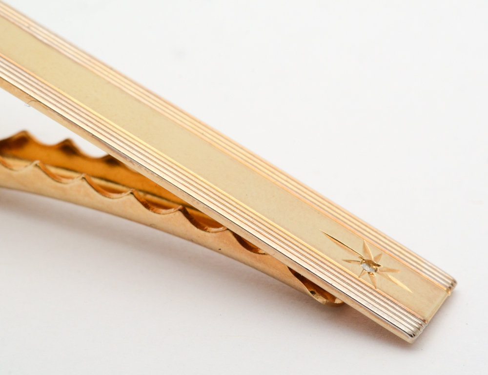 14K Yellow Gold Tie Tack, Brooch, and Gold Tone Diamond Tie Clip