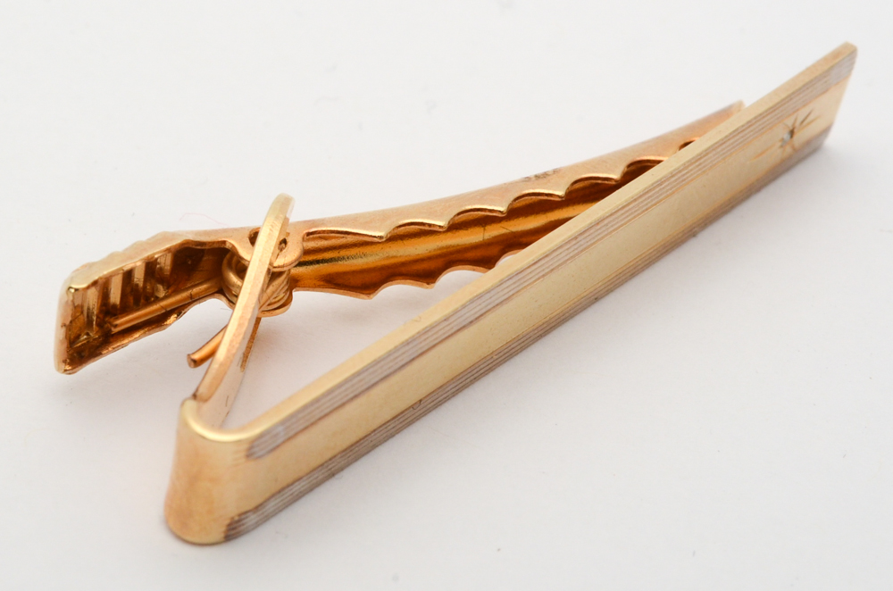 14K Yellow Gold Tie Tack, Brooch, and Gold Tone Diamond Tie Clip