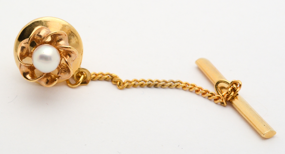 14K Yellow Gold Tie Tack, Brooch, and Gold Tone Diamond Tie Clip
