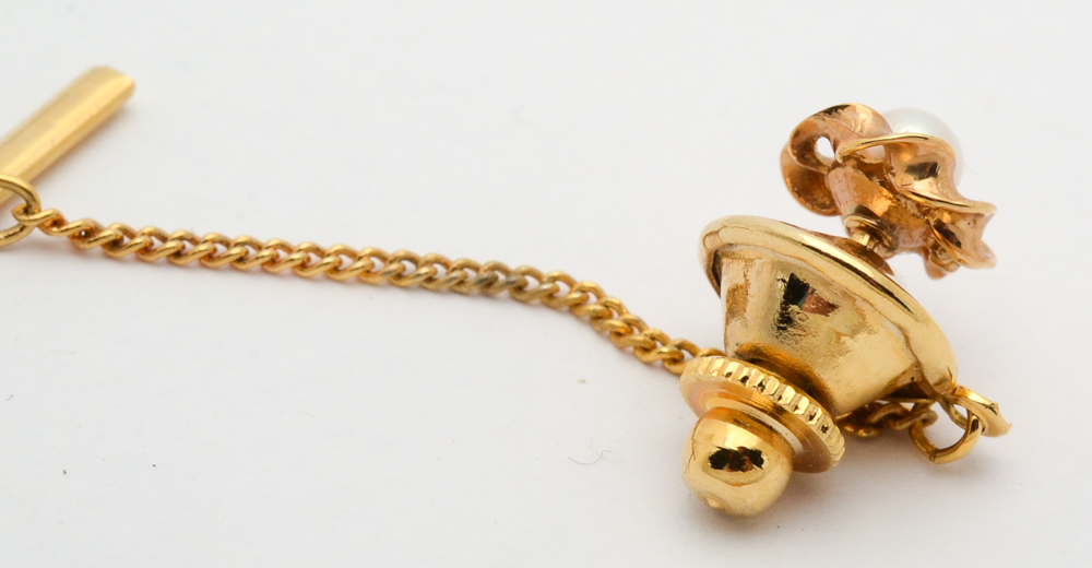 14K Yellow Gold Tie Tack, Brooch, and Gold Tone Diamond Tie Clip