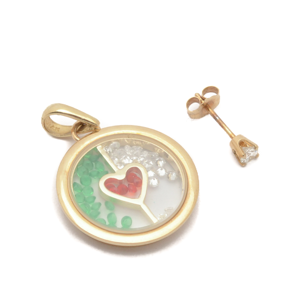 14K Yellow Gold Heart Window Locket and Single Diamond Stud Earring