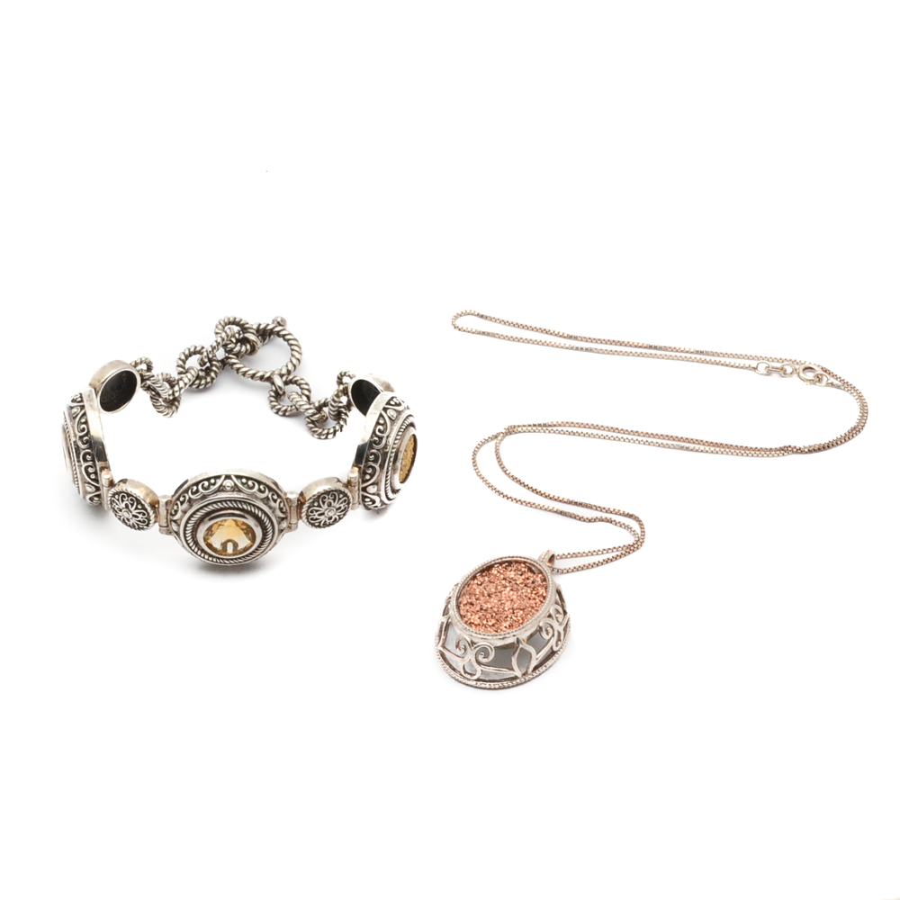 Sterling Silver and Druzy Stone Pendant With Druzy and Topaz Bracelet