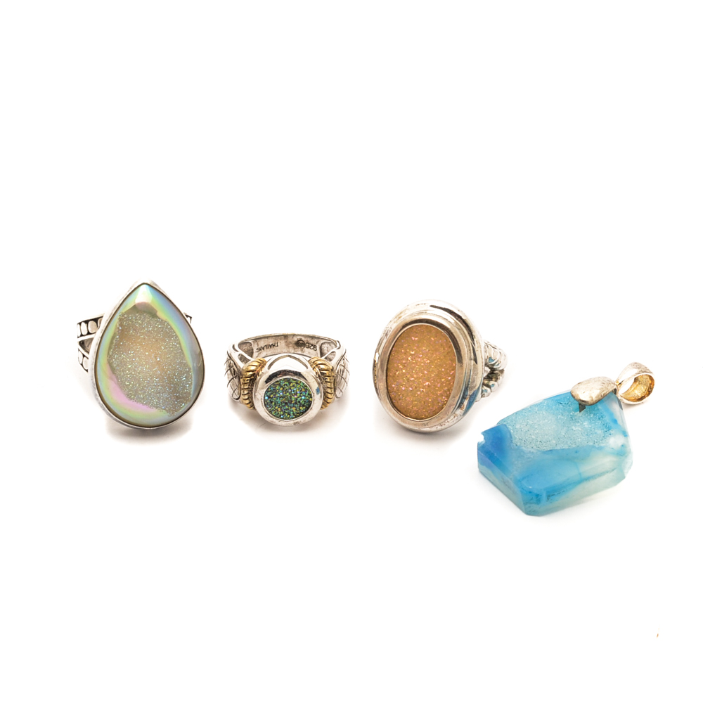 Sterling Silver and Druzy Stone Rings and Pendant