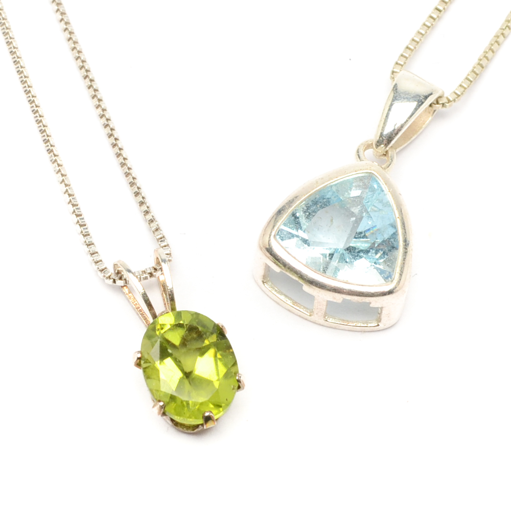 Aquamarine and Peridot Sterling Silver Pendant Necklaces