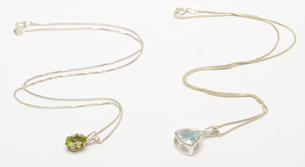 Aquamarine and Peridot Sterling Silver Pendant Necklaces
